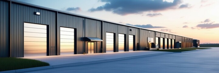 Fototapeta premium Industrial warehouse, loading docks, sunset sky, modern architecture, metal siding, concrete structure, evening light, logistics center, commercial building, distribution facility, cargo doors, reflec