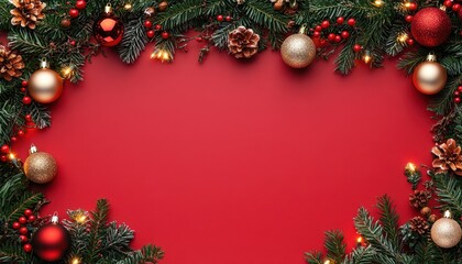 Modern Christmas flat lay with festive ornaments on a red background