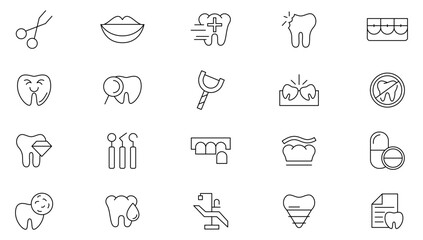 Dentistry line icon set. Tooth, dentist, toothpaste, toothbrush, teeth, implant, cavity, hygiene, health, sign, braces and inserts line icon set. UI thin line icon pack.