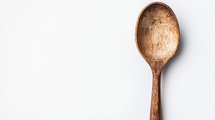 Rustic Wooden Spoon with Natural Grain Texture Isolated on White Background