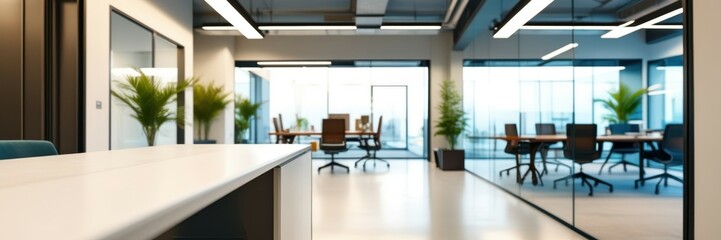 Modern office interior, open plan workspace, glass partitions, wooden desks, ergonomic chairs, natural light, floor-to-ceiling windows, city skyline view, indoor plants, minimalist design, clean aesth