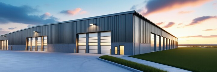 Obraz premium Industrial warehouse, loading docks, sunset sky, modern architecture, metal siding, concrete structure, evening light, logistics center, commercial building, distribution facility, cargo doors, reflec
