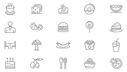 Restaurant and Food line icon set. Food, fish, chicken, spoon, cake, fruit, burger, donuts, juice, water, table, customer line icon set. UI thin line icon pack.