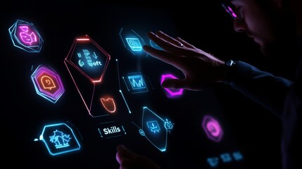 Fototapeta premium Businessman in virtual space, working with 