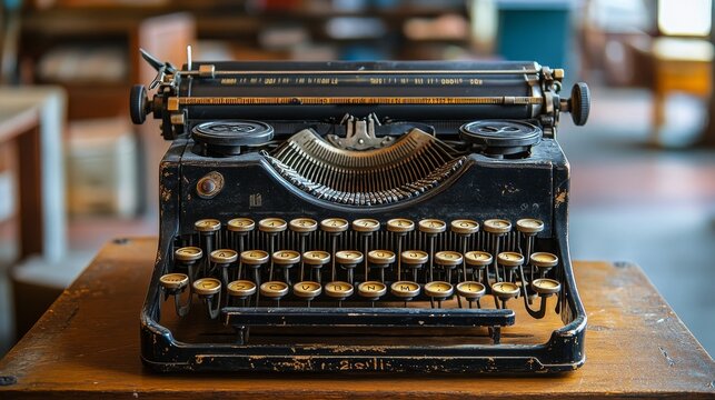 An antique typewriter displayed on a wooden table, showcasing vintage design and writing history.
