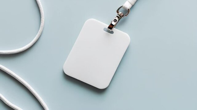 White lanyard and plastic badge with blank space mock up on blue background. Blank badge mockup