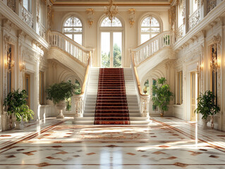 Fototapeta premium Luxurious Grand Foyer With Marble Floors And Elegant Staircase 