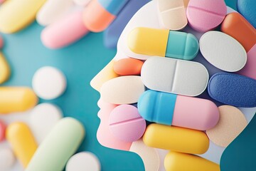 Colorful Pill Head Against Abstract Vibrant Background Representing Health and Well-Being