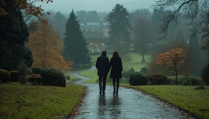 Middle-aged couple enjoys a romantic walk in a scenic park during autumn