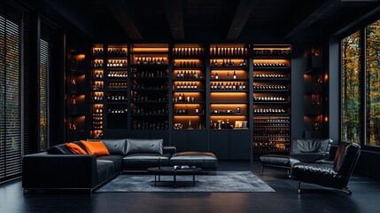 Elegant luxury garage wine cellar showcasing sleek metal shelving with ambient lighting for an exquisite storage experience