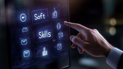 Obraz premium A businessman uses a virtual screen with icons related to skills and abilities.