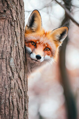 Fototapeta premium A bright orange fox peeking out from behind a tree, with a cheerful expression