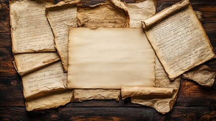 A collection of aged, handwritten papers arranged on a wooden surface, suggesting historical or literary significance.