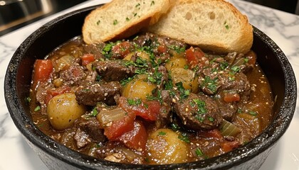 Enjoying beef bourguignon and crusty bread at a cozy kitchen table