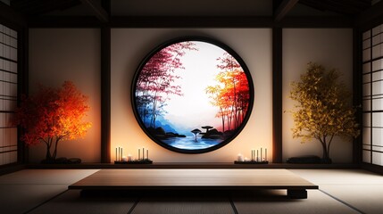 Fototapeta premium Create a tranquil space in a minimalist style basement meditation room with a tatami mat for serenity and focus