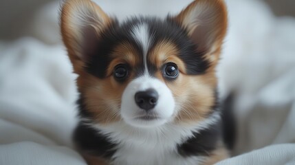 corgi puppy facing forward its playful expression and fluffy coat captured on a pure white background showcasing the breeds adorable features inviting warmth and affection through its gaze