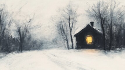 Soft Drawing of a Little House in a Strange Winter Scene