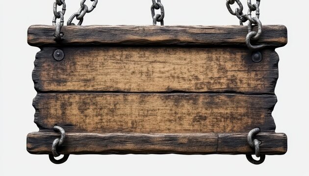 Rustic medieval wooden sign hanging from chains against a white background