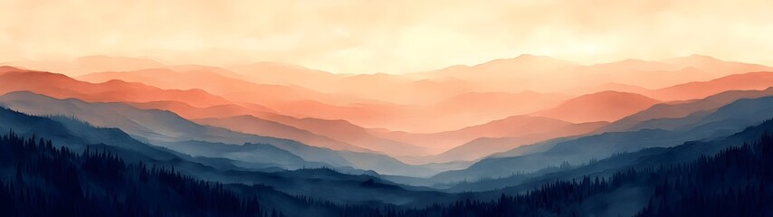 Obraz premium A serene landscape depicting layered mountains at dusk, showcasing soft hues of orange, pink, and blue. The tranquil mood evokes a sense of peace and wonder.
