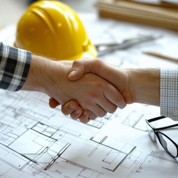 Two professionals shake hands over project plans, symbolizing collaboration and partnership in construction or architecture.