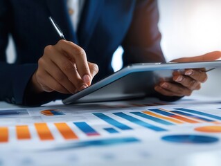 Wealth manager showing tax strategy options on tablet, focused process, elegant office