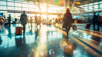 Blurred people at an airport, capturing the movement and activity in a travel hub.