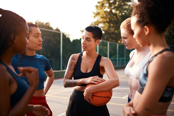 Basketball, teamwork and women in huddle for fitness, support or motivation in outdoor activity or...