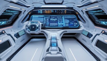 Obraz premium Futuristic autonomous vehicle cockpit with advanced digital displays and controls