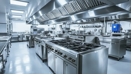 Empty stainless steel commercial kitchen ready for cooking and food preparation tasks