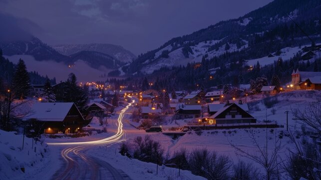 Fototapeta The mountain village becomes a picturesque winter wonderland under the cover of darkness illuminated by the soft glow of car light trails.