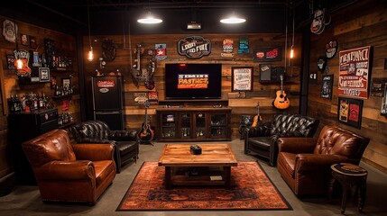Creating a cozy rustic style garage man cave with reclaimed wood and leather furnishings for ultimate relaxation and entertainment