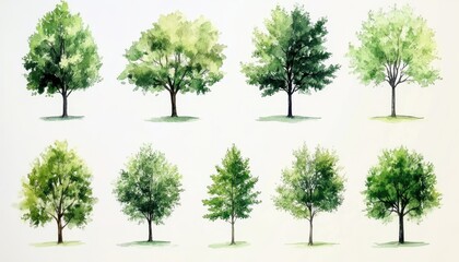 Obraz premium Hand-drawn watercolor trees collection featuring various forest tree types