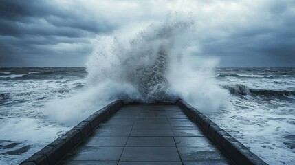 Dramatic Waves Crashing Over Pier on Stormy Ocean
