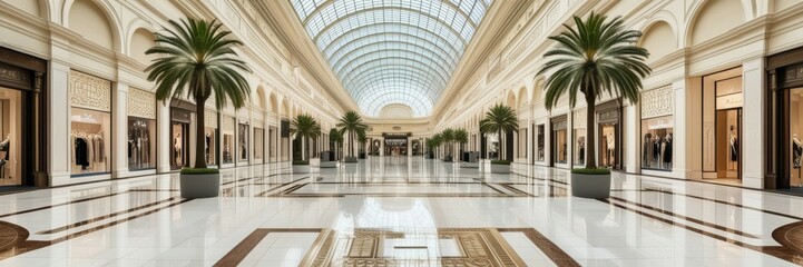 Luxurious shopping mall interior, arched glass ceiling, palm trees, marble floors, reflective surfaces, high-end retail stores, symmetrical architecture, bright and airy space, elegant colonnade, upsc