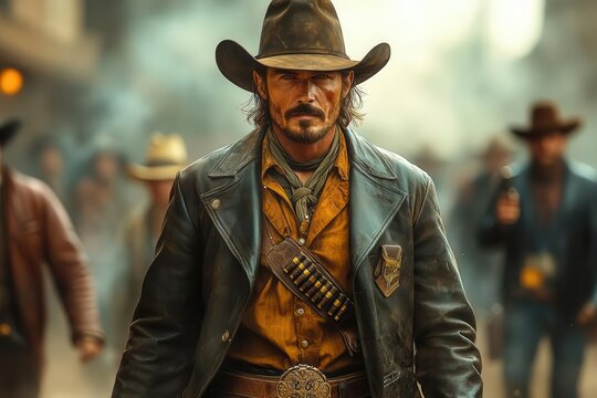 cowboy in rugged attire stands confidently in a dusty wild west town gun drawn and aimed at the viewer evoking excitement and tension in a classic western setting