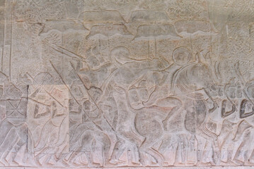 Bas-relief sculpture at Angkor Wat, Siem Reap, Cambodia.