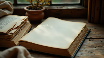 Fototapeta premium Old, weathered book open to a page with visible text and sunlight.