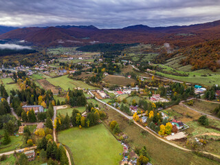Aerial view of Pescasseroli in the Abruzzo Lazio and Molise National Park. The foliage in autumn