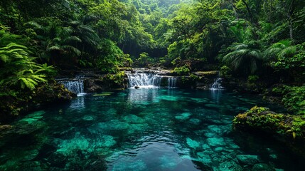 Explore lush rainforest landscapes with crystal clear waters surrounded by dense foliage and vibrant flora in an enchanting tropical paradise