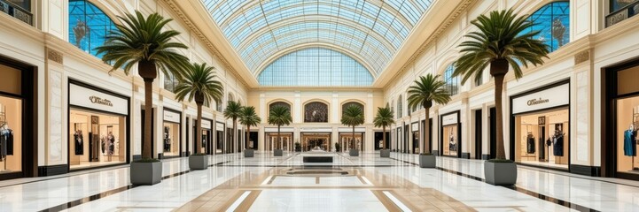 Luxurious shopping mall interior, arched glass ceiling, palm trees, marble floors, reflective surfaces, high-end retail stores, symmetrical architecture, bright and airy space, elegant colonnade, upsc