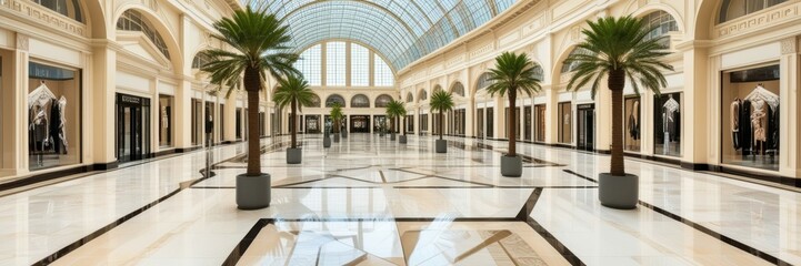 Luxurious shopping mall interior, arched glass ceiling, palm trees, marble floors, reflective surfaces, high-end retail stores, symmetrical architecture, bright and airy space, elegant colonnade, upsc