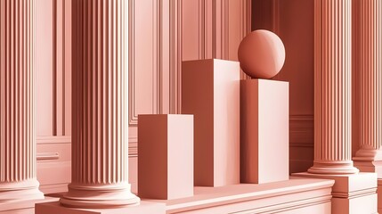 Fototapeta premium Abstract composition featuring geometric shapes in a soft coral color against a backdrop of classical columns, creating a harmonious and modern aesthetic.
