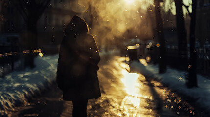 A blurry silhouette shadow of a person walking in the city during winter, highlighting the cold and serene ambiance.