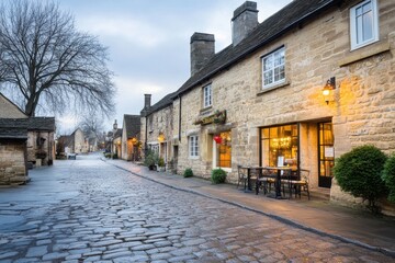 Obraz premium Charming Cobbled Streets of an Old English Town With Glowing Shop Windows on a Tranquil Evening
