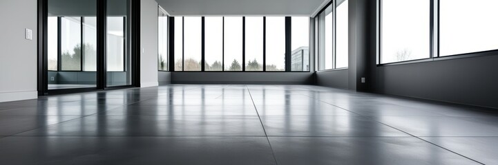 Fototapeta premium Modern empty office space, panoramic windows, sleek concrete floors, minimalist architecture, open plan, natural light, urban view, corporate interior, clean lines, spacious layout, monochromatic colo