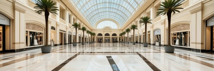 Luxurious shopping mall interior, arched glass ceiling, palm trees, marble floors, reflective surfaces, high-end retail stores, symmetrical architecture, bright and airy space, elegant colonnade, upsc