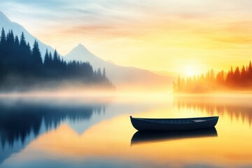 Serene Mountain Lake at Sunrise With Mist Rising and Golden Hues Reflecting on Calm Water