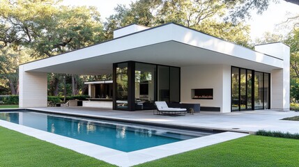 Modern Minimalist Residential Villa with Swimming Pool in Lush Forest Setting