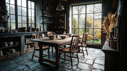 Fototapeta premium Creating a serene wabi-sabi dining experience with a simple wooden table and natural elements in a cozy space