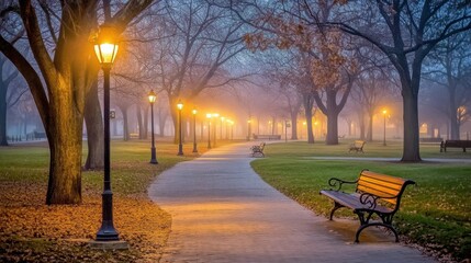 Obraz premium Enchanting Evening in the Park: A Serene Path Lit by Glowing Lamps